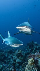 Fototapeta na wymiar Marine wildlife underwater world with majestic blue shark in natural ocean habitat