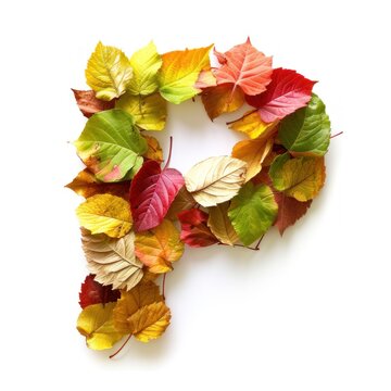 Alphabet of Nature: Letter P Composed of Fresh Multicolored Autumn Leaves on White Background