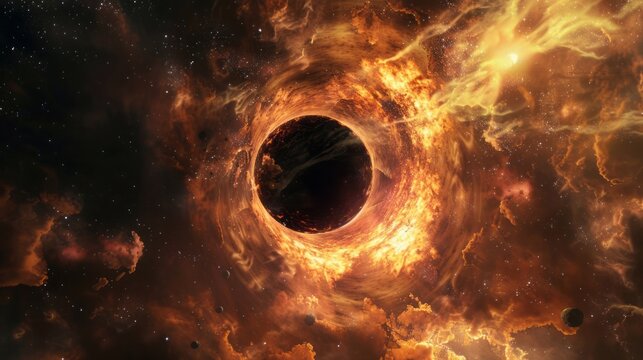 A dramatic image of a black hole surrounded by glowing gas and dust, 