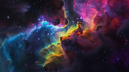 An abstract photo of colorful nebulae and galaxies captured through a telescope, - obrazy, fototapety, plakaty