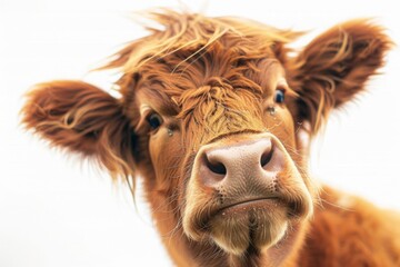 Surprised cow with goofy face mooing and looking at camera, isolated on white background. Close up portrait of funny animal.