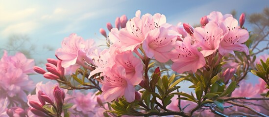 A beautiful natural landscape with pink flowers blooming on a tree branch under the clear blue sky. The delicate petals contrast against the green leaves and white clouds in the background