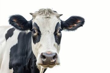 Surprised cow with goofy face mooing and looking at camera, isolated on white background. Close up portrait of funny animal.