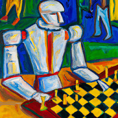 Strategic Minds: Robots Playing Chess - Acrylic Painting