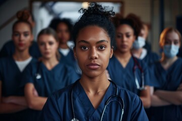 Fototapeta premium Portrait of a young nursing student standing with her team in hospital, dressed in scrubs, Doctor intern
