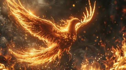 Mythical flaming phoenix firebird glowing in fiery sparks on dark fiery backdrop