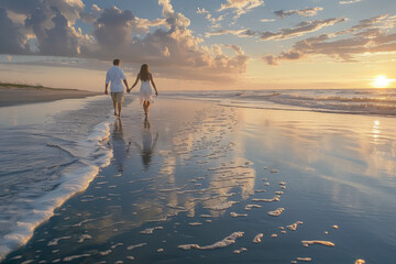 Romantic Couple Walking Hand in Hand on Beach at Sunset Reflecting on Water