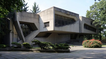Neo-Brutalist art museum with angular concrete forms and open exhibition spaces