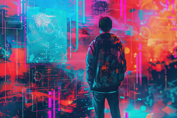 Young explorer with backpack facing a vibrant cyber data world with abstract digital patterns

