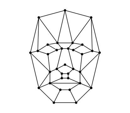 Face recognition icon. User facial biometric id scan system symbol. Person identification security badge concept. Human head polygon style wireframe. Black and white linear isolated vector eps logo