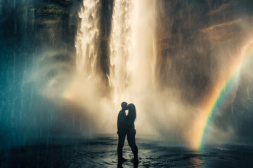 Silhouetted Couple Standing Before Majestic Waterfall with Rainbow in Mystical Landscape