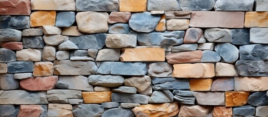 A closeup of a stone wall constructed from various colored rocks creating a unique pattern. The mixture of building materials creates a beautiful piece of art in the form of a rectangular structure