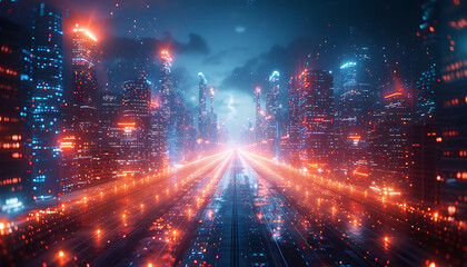 majestic and modern night city views, light speed data transfer interconnected, smart city