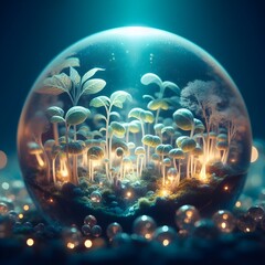 Seedling in a glass ball. Ecology concept. 3D fantastic illustration