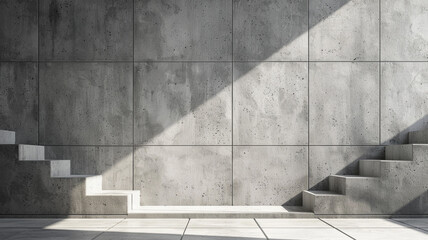Concrete empty wall with sun rays and stairs