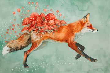 Profile of a running fox with fly agaric on its back - obrazy, fototapety, plakaty