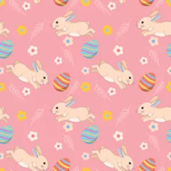 Fototapeten Happy Easter egg concept. Bunny with Easter egg seamless pattern for fabric textile wallpaper gift wrapping paper. © teerawat