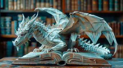 Pop-up book, with a giant folding dragon that jumps out of the open page, a majestic origami dragon. 3D rendering concept design illustration.