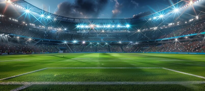 A large stadium with bright lights and green grass, full of cheering fans at night Generative AI