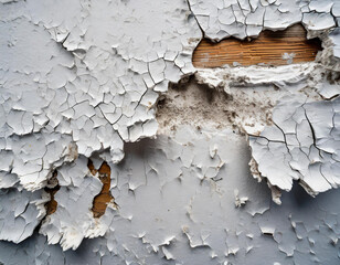A close-up view of a white wall with peeling paint, revealing the layers underneath. The texture is rough, with chunks of paint falling off, giving a weathered and worn appearance
