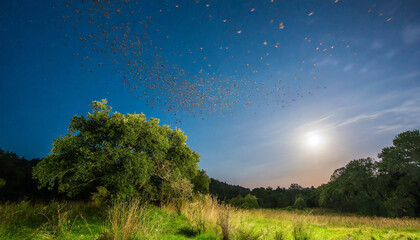 Obraz na płótnie Canvas Eerie Night Scene Flock of Bats Soaring Through Moonlit Sky in Search of Pray