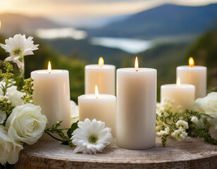 Fototapeta na wymiar Elegant white candles amidst floral decor on a peaceful and festive background
