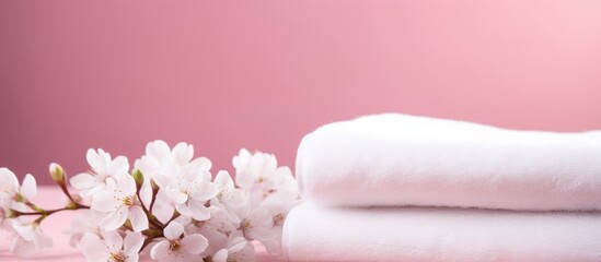 Fototapeta na wymiar A stack of white towels adorned with white flowers reminiscent of cherry blossoms on a soft pink background, creating a delicate and calming visual gesture