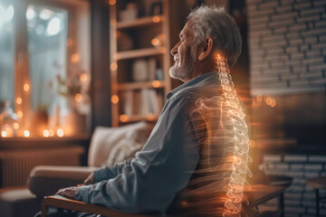 Elderly Man in Contemplation with Glowing Visualization of Spine