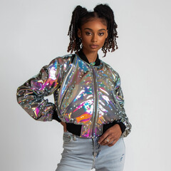 Trendsetting Young Woman in a Holographic Jacket with Hands on Hips, Exuding Confidence and Contemporary Style