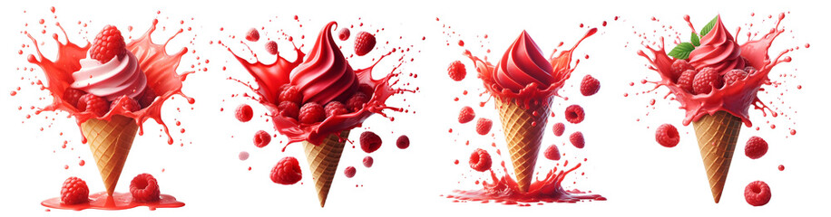 raspberry ice cream cone isolated png with splash - obrazy, fototapety, plakaty