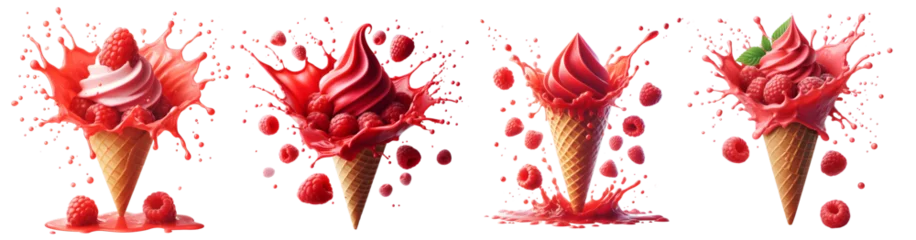 Fotobehang raspberry ice cream cone isolated png with splash © G-Design