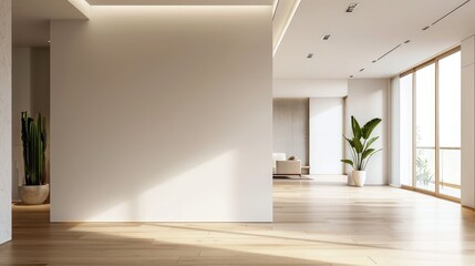 Modern style house in front of the living room has a white wall.
