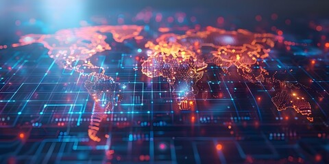 Digital World Map: Symbolizing Global Connectivity, Data Transfer, and Technology Exchange. Concept Global Connectivity, Data Transfer, Technology Exchange, Digital World Map