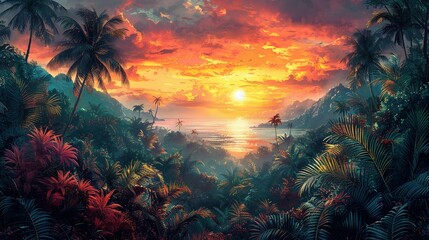 Naklejka premium Painting of a jungle landscape. Watercolor pattern wallpaper