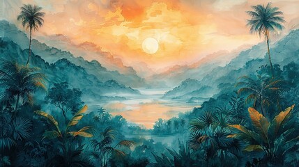 Fototapeta na wymiar Painting of a jungle landscape. Watercolor pattern wallpaper