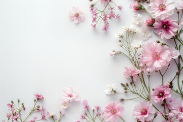 Fototapeta na wymiar white background with soft pink wildflowers. copy space 