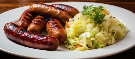 A white plate showcasing sausages and cabbage, a dish made with animal product and leaf vegetable, placed on a wooden table, perfect for sharing