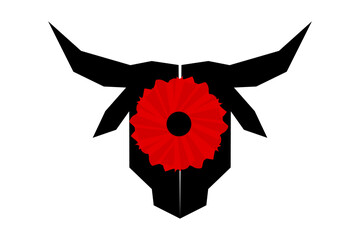 Black BULL, BISON, COW AND red POPPY FLOWER. Animalistic ethnic traditional symbol. Logo, icon, art print, vector illustration. 