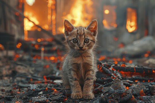 Melancholic kitten with backdrop of burning house