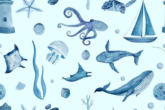Watercolor hand-drawn blue monochromatic seamless pattern on light blue background. Whales, manta rays, shells, starfish, jellyfish and octopus