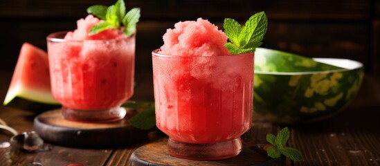 Two glasses of refreshing watermelon smoothie with fresh mint leaves served on a rustic wooden table. A delicious and hydrating drink made with watermelon, a juicy fruit from the plant Citrullus