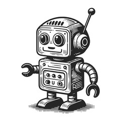 Fototapeta premium vintage robot with a friendly face and waving hand, in a retro comic style, line art sketch engraving generative ai vector illustration. Scratch board imitation. Black and white image.