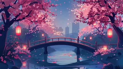 Crédence de cuisine en verre imprimé Etats Unis Empty city park with a bridge over a pond or river. Pink cherry trees and lanterns at night