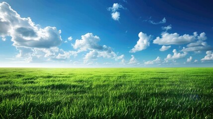 Obraz premium green field with blue sky. sunny day. beautiful sky, cloud, sun