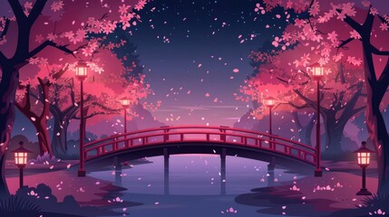 Empty city park with a bridge over a pond or river. Pink cherry trees and lanterns at night