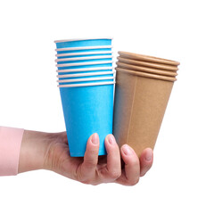 Hand hold brown paper cardboard cups on a isolated background.