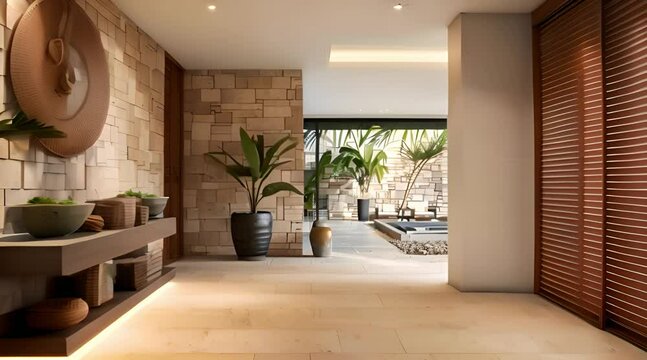 Coastal Interior Design of Modern Entrance Hall with Stone Tiles Wall and Wooden Rustic Elements