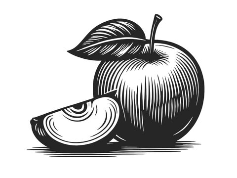 Apple fruit plant food sketch engraving generative ai vector illustration. Scratch board imitation. Black and white image.
