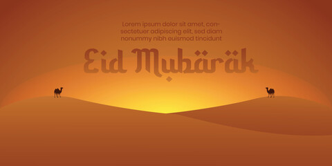Eid Mubarak background with the silhouette of two camels, suitable for backgrounds, banners, web banners, greeting cards, etc