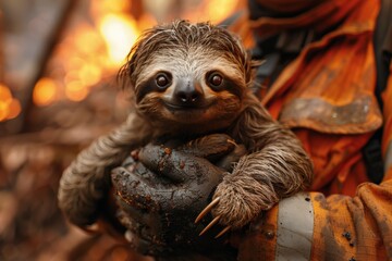 Obraz premium Firefighter rescuing sloth from forest fire, heroic act